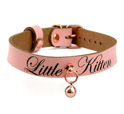 Mercy Industries | Custom Engraved Blush Pink Leather Aurum Collar with Kitten Bell – 'Little Kitten'