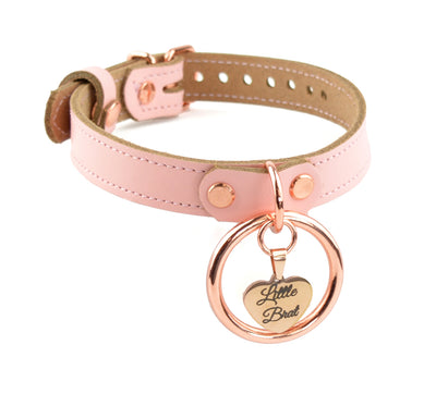 Blush Pink Leather Aurum Collar with Ring and Custom Engraved Love Heart Pendant – 'Little Brat' | BDSM Collar