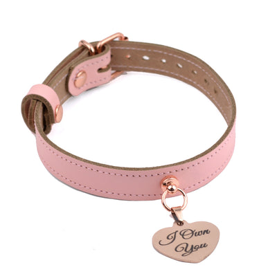 BDSM Products | Blush Pink Leather Aurum Collar with Custom Engraved Love Heart Pendant – 'I Own You'