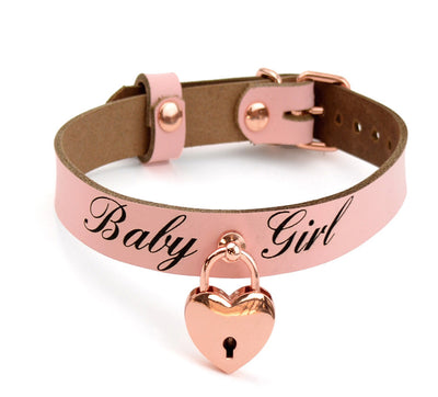 Mercy Industries | Custom Engraved Blush Pink Leather Aurum Collar with Love Heart Padlock Pendant – 'Baby Girl'