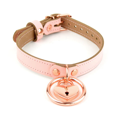 Blush Pink Leather Amare Collar with Rose Gold Ring & Love Heart Padlock Pendant | BDSM Store