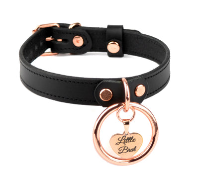 BDSM Collar | Black Leather Aurum Collar with Ring and Custom Engraved Love Heart Pendant – 'Little Brat'