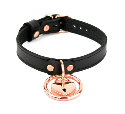 Black Leather Amare Collar with Rose Gold Ring & Love Heart Padlock Pendant | Mercy Industries