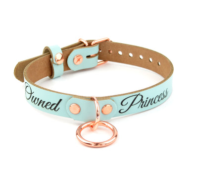 Mercy Industries | Custom Engraved Aqua Adore Blue Leather Aurum Collar with O-Ring – 'Owned Princess'