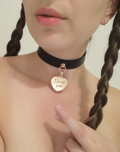 Mercy Industries | Black Leather Aurum Collar with Custom Engraved Love Heart Pendant – 'Good Girl'