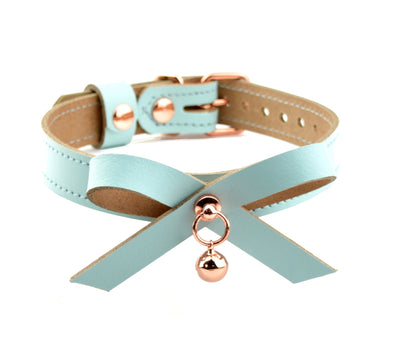 Aqua Adore Blue Leather Aurum Collar With Bow & Rose Gold Kitten Bell