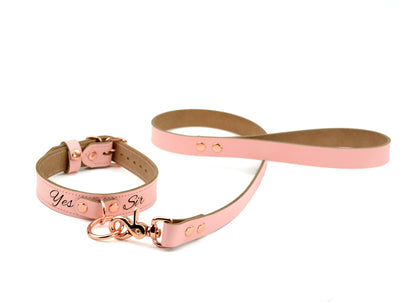 Mercy Industries | Custom Engraved Blush Pink Leather Aurum Collar with D-Ring & Leash – 'Yes Sir'