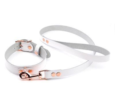 BDSM Products | White Leather Aurum Collar with D-Ring & Leash
