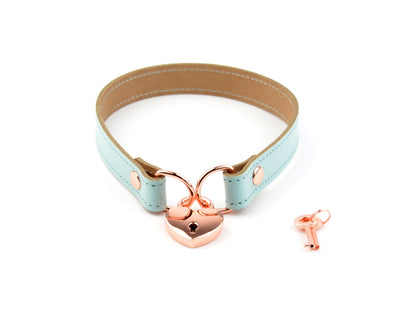 Aqua Adore Blue Leather Amare Day Collar with Rose Gold Love Heart Padlock