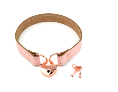 Online BDSM Shop | Blush Pink Leather Amare Day Collar with Rose Gold Love Heart Padlock