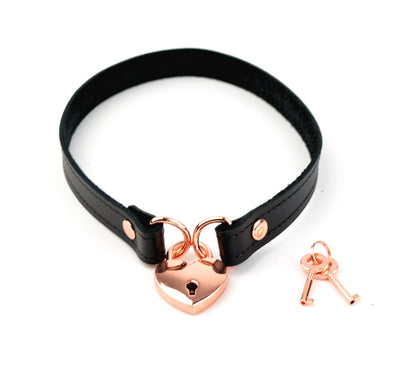 Black Leather Amare Day Collar with Rose Gold Love Heart Padlock