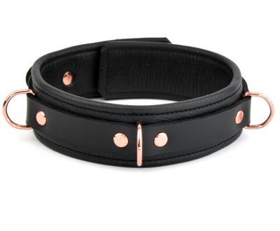 Black & Rose Gold Premium Three Ring Leather Bondage Collar - Graceful Edition