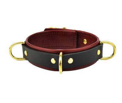 Scarlet Red & Gold Premium Three Ring Leather Bondage Collar - Graceful Edition
