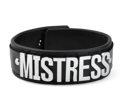 Mercy Industries | Custom Large Lettering Premium Black Leather Bondage Collar – 'Mistress'