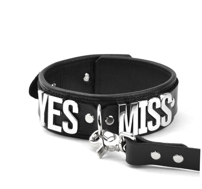 Custom Large Lettering Black Premium D-Ring Black Leather Bondage Collar – 'Yes Miss'