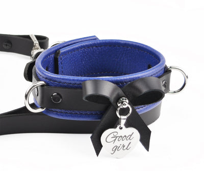 BDSM Dark Blue Leather Bow Collar With Custom Engraved Silver Pendant and Leash