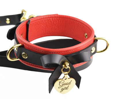 BDSM Red Leather Bow Collar With Custom Engraved Gold Pendant and Leash