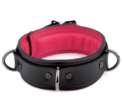 BDSM Collar | Black & Hot Pink Premium Padded Leather Bondage Collar