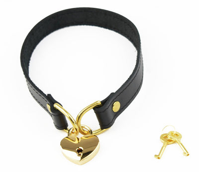 Black Leather Amare Day Collar with Gold Love Heart Padlock
