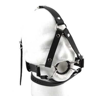 Ultra Strict Head Harness Ring Gag - Black leather | BDSM Leather Gags