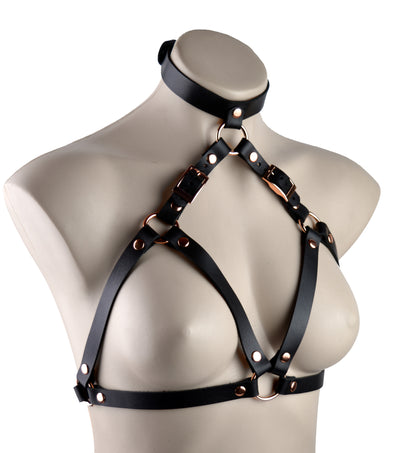 BDSM Products | Black Leather & Rose Gold Aurum Choker Collar Bra Harness
