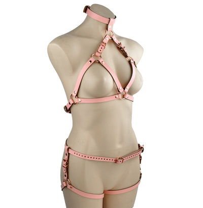 Blush Pink Leather Rose Gold Harness Set | Leather BDSM Harness