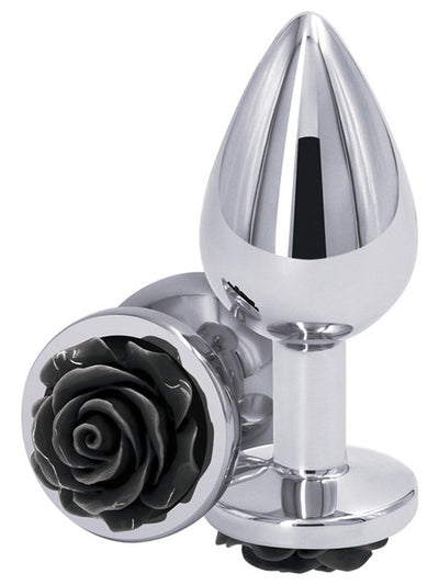 Rear Assets Silver Butt Plug with Black Rose