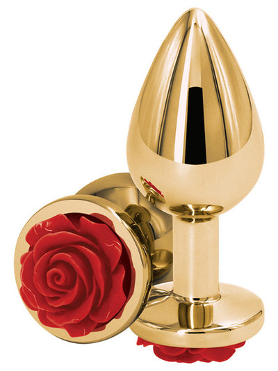 Rear Assets Gold Butt Plug with Red Rose