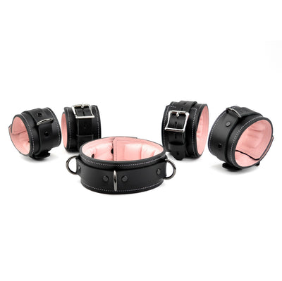 Premium Padded Restraint Set Wrist-Ankle Cuffs And Collar - Black And Blush Pink