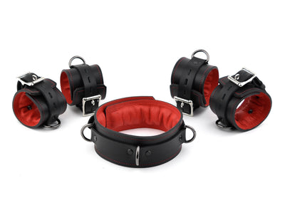 Premium Padded Restraint Set Wrist-Ankle Cuffs And Collar - Black And Red | BDSM Cuffs