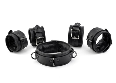 Premium Padded Restraint Set Wrist Ankle-Cuffs And Collar - Black