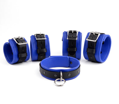 Mercy Industries | Premium Restraint Set Beautiful Triple Layer Leather Wrist-Ankle Cuffs And Collar - Deep Blue