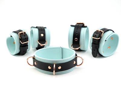 Premium Restraint Set Beautiful Triple Layer Leather Wrist-Ankle Cuffs And Collar - Aqua Adore Blue & Rose Gold