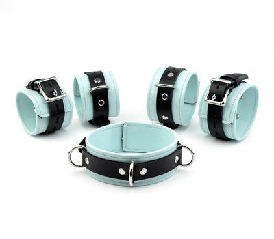 Premium Restraint Set Beautiful Triple Layer Leather Wrist-Ankle Cuffs And Collar - Aqua Adore Blue