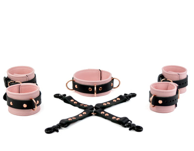 Premium Restraint Set Wrist-Ankle Cuffs And Collar + Cross Connector - Blush Pink and Rose Gold