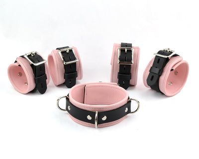 Premium Restraint Set Beautiful Triple Layer Leather Wrist-Ankle Cuffs And Collar - Blush Pink