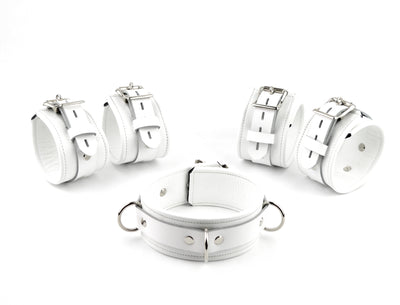 Premium Restraint Set Beautiful Triple Layer Leather Wrist-Ankle Cuffs And Collar - White