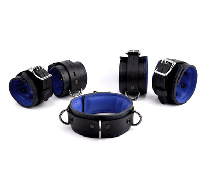 Premium Padded Restraint Set Wrist-Ankle Cuffs And Collar - Black And Blue