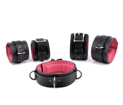 Premium Padded Restraint Set Wrist-Ankle Cuffs And Collar - Black And Hot Pink