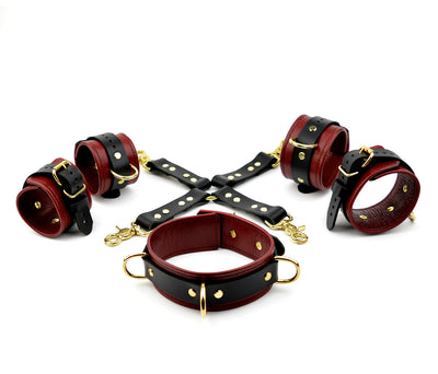 BDSM Products | Premium Restraint Set Wrist-Ankle Cuffs And Collar + Cross Connector - Scarlet Red and Gold