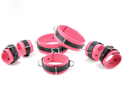 Premium Restraint Set Beautiful Triple Layer Leather Wrist-Ankle-Thigh Cuffs And Collar - Pink