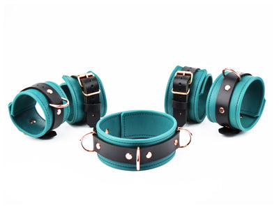Premium BDSM Leather Restraint Set Emerald Green & Rose Gold Set of Wrist Ankle Cuffs and Collar Handcrafted Lockable | Mercy Industries