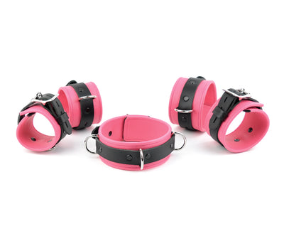 BDSM Cuffs and Restraints | Premium Restraint Set Beautiful Triple Layer Leather Wrist-Ankle Cuffs And Collar - Pink