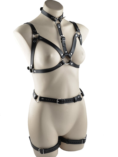 Black Leather Spiked Collar Bra & Booty Harness Set