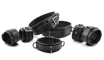 Premium Restraint Set Beautiful Triple Layer Leather Wrist-Ankle-Thigh Cuffs And Collar - Black