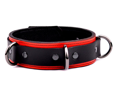 Red & Black Premium Heavy Duty Three D-ring Leather Bondage Collar