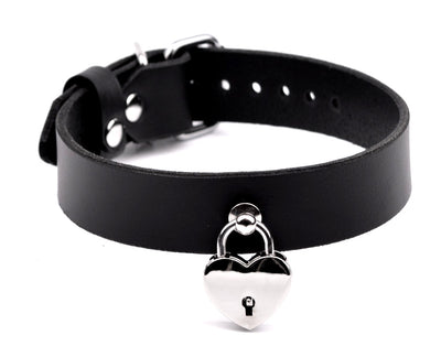 Black Leather Collar With Silver-Purple-Pink-Red Love Heart Lock