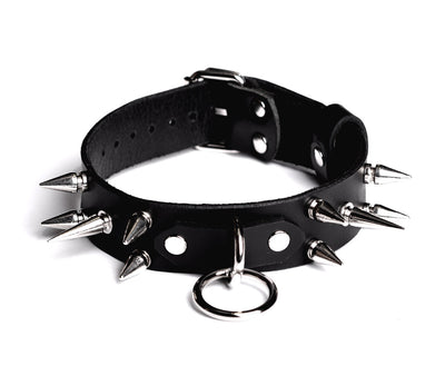 Heavily Spiked Black Leather Bondage Collar