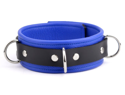 Blue Premium Three Ring Leather Bondage Collar