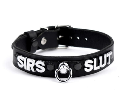 Custom Small Lettering Black Leather Collar With Ring – 'Sirs Slut' | BDSM Collar